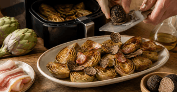 ALCACHOFAS CON VIRUTAS DE PAPADA Y TRUFA NEGRA 